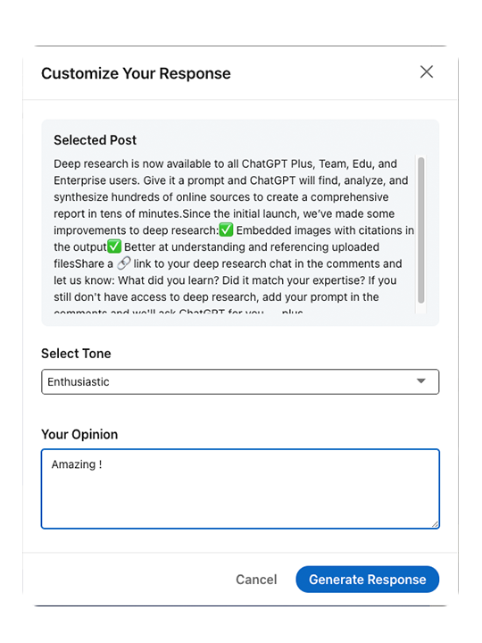 LinkedIn Reply Dialog